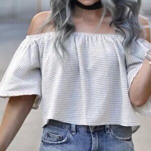 DRA LOS ANGELES LOTUS CROP TOP OFF-WHITE CHAMBRAY STRIPE OFF SHOULDER SHIRT XS